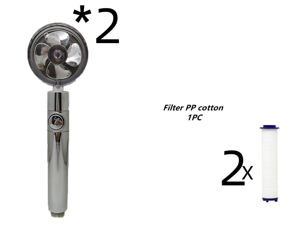 Propeller Driven Shower Head With Stop Button And Cotton Filter Turbocharged High Pressure Handheld Shower Nozzle